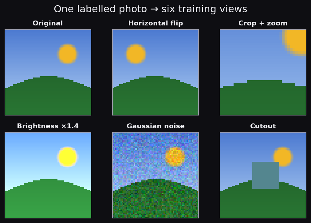 A grid showing one source image and several augmented variants: flipped, cropped, brightness-shifted, and noise-corrupted versions.
