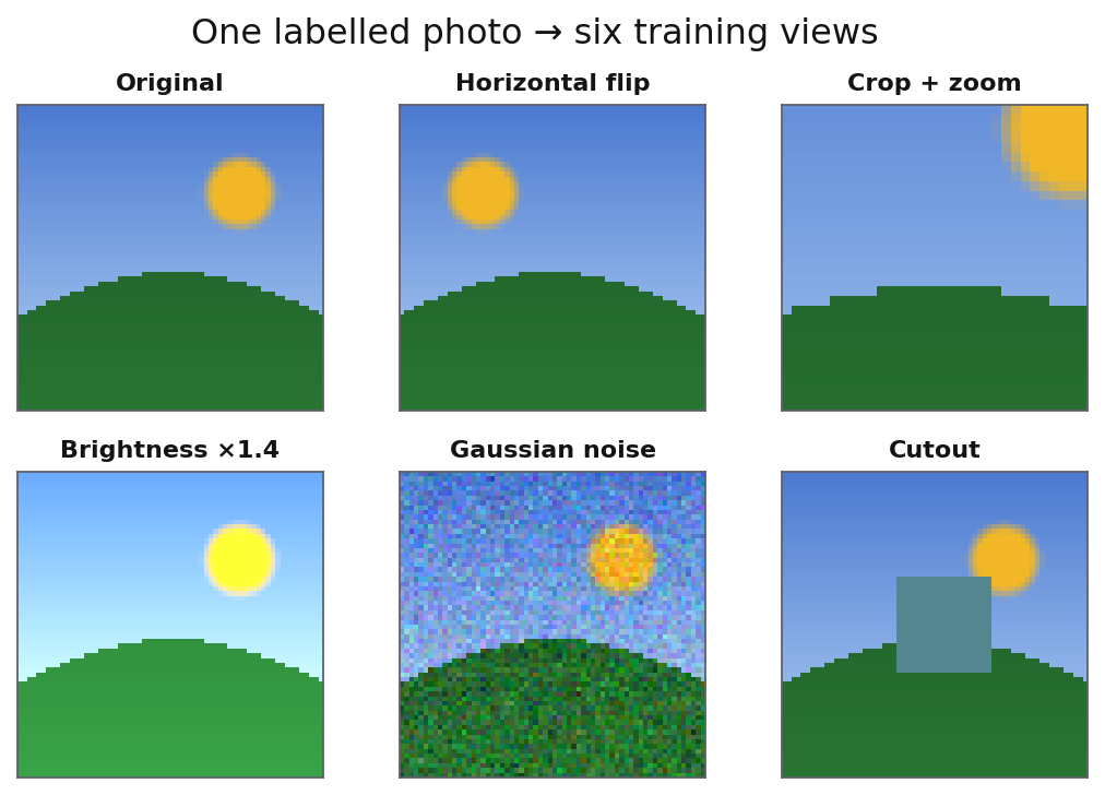 A grid showing one source image and several augmented variants: flipped, cropped, brightness-shifted, and noise-corrupted versions.