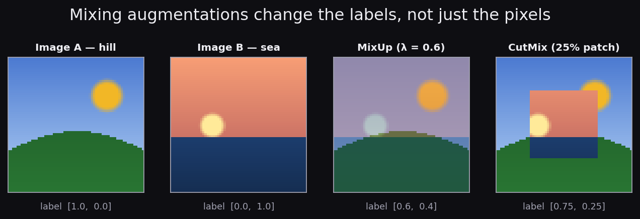 Two source images, their MixUp blend at lambda 0.6 with soft label 0.6/0.4, and a CutMix composite with a quarter-area patch and label 0.75/0.25.
