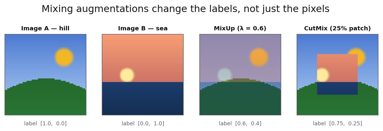 Two source images, their MixUp blend at lambda 0.6 with soft label 0.6/0.4, and a CutMix composite with a quarter-area patch and label 0.75/0.25.