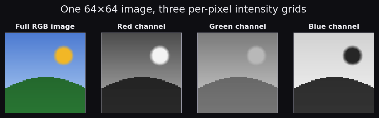 A color image decomposed into its red, green, and blue channel planes, each shown as a separate grayscale intensity map.